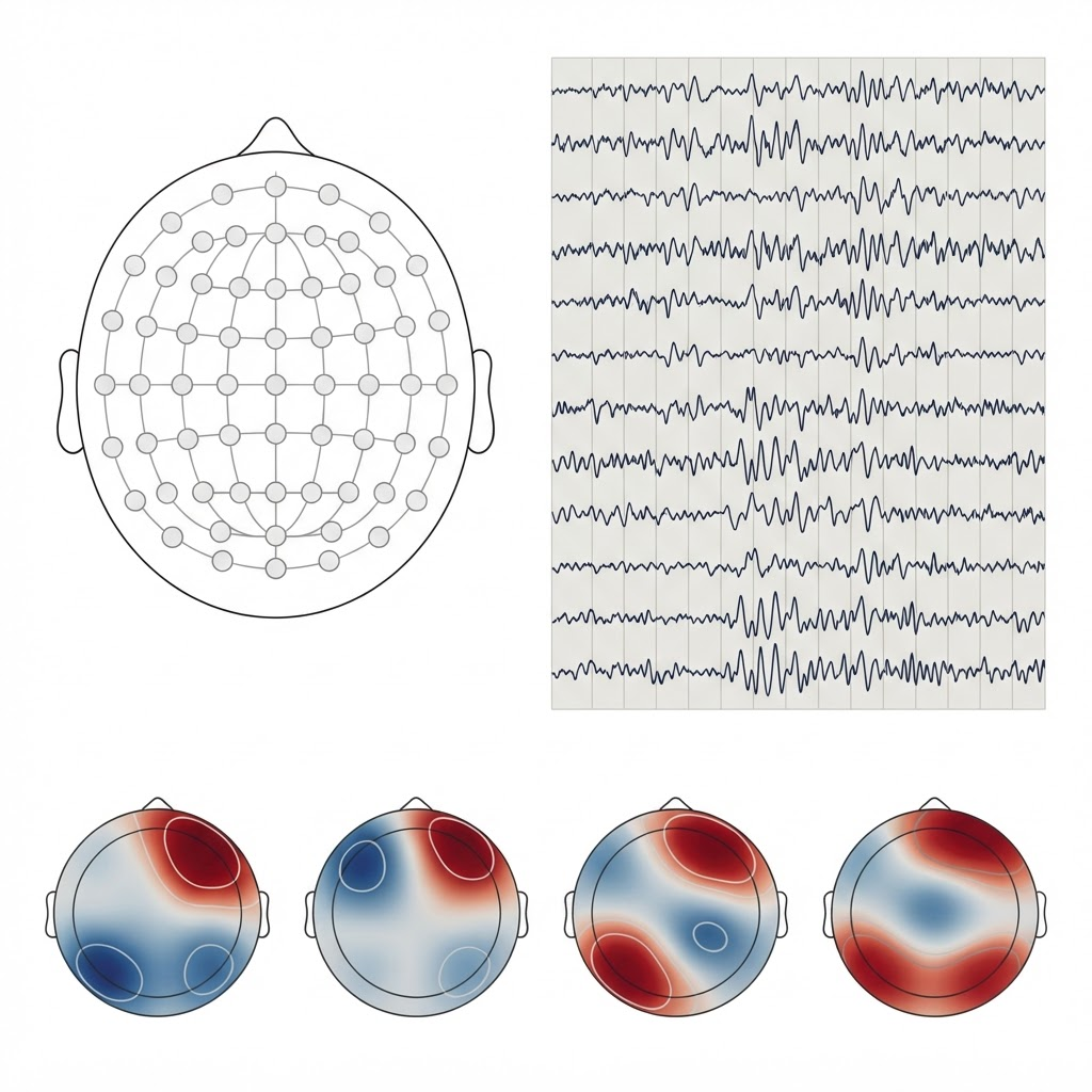 Montaje de electroencefalografía de 64 canales según el sistema 10-20, registro multicanal continuo de actividad cortical y mapas topográficos de distribución de potencia en el cuero cabelludo