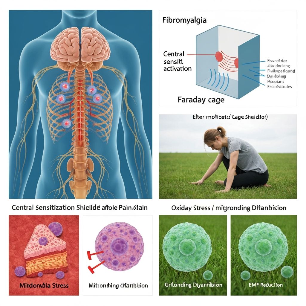 Ilustración científica de fibromialgia, sensibilización central y reducción de exposición electromagnética