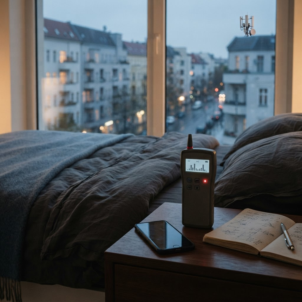 Teléfono móvil y medidor de radiofrecuencia en una vivienda urbana con antena visible a lo lejos