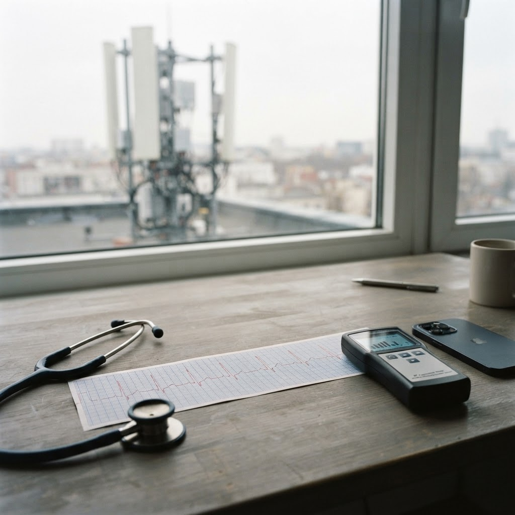 Electrocardiograma, estetoscopio y medidor de radiofrecuencia junto a un teléfono móvil