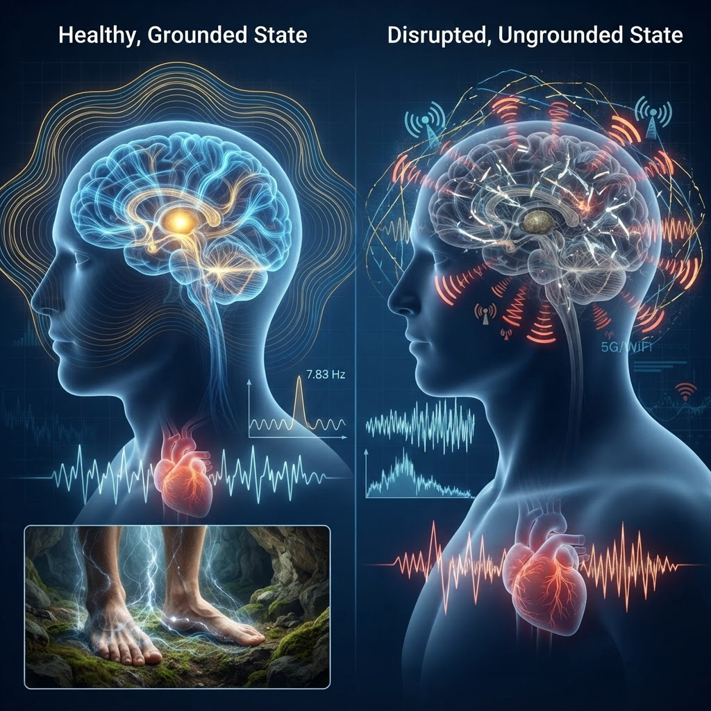 Coherencia neural bajo radiación EMF vs restauración por contacto con campos geomagnéticos terrestres