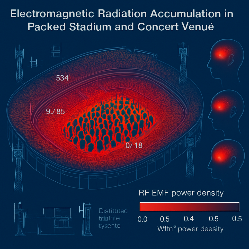 Visualización de acumulación de radiación RF-EMF en estadio de fútbol lleno con miles de smartphones activos