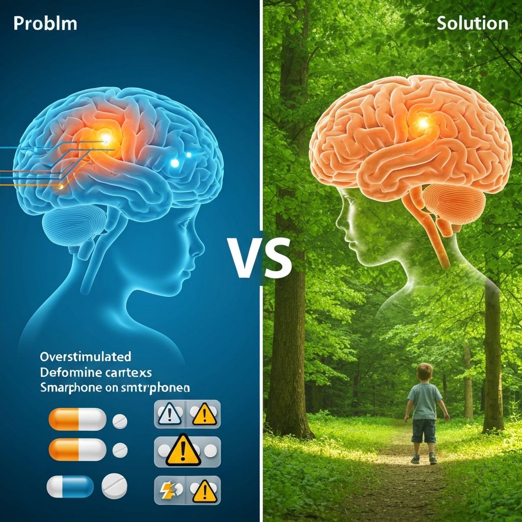 Ilustración científica del TDAH: cerebro infantil, pantallas, medicación y naturaleza